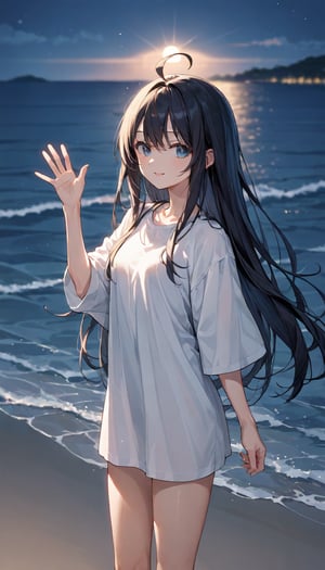 source_anime, nonoa miyamae, black hair, long hair, ahoge, hair intake, long bangs, night,over the sea,  waving, ,score_9, score_8_up, score_7_up, depth of field, natural light, light rays, raytracing, rating: explicit, 
