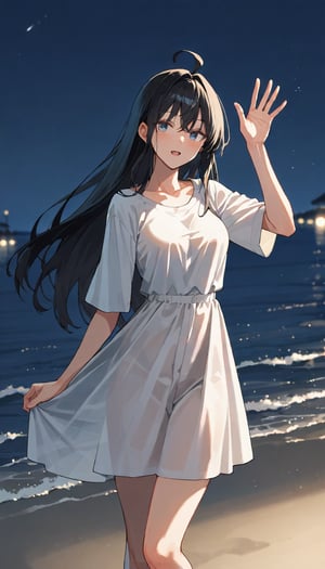 source_anime, nonoa miyamae, black hair, long hair, ahoge, hair intake, long bangs, night,over the sea,  waving, ,score_9, score_8_up, score_7_up, depth of field, natural light, light rays, raytracing, rating: explicit, 
