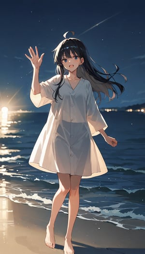 source_anime, nonoa miyamae, black hair, long hair, ahoge, hair intake, long bangs, night,over the sea,  waving, ,score_9, score_8_up, score_7_up, depth of field, natural light, light rays, raytracing, rating: explicit, 
