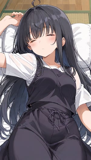 source_anime, nonoa miyamae,  black hair, long hair, ahoge, hair intake,sleeping, long bangs, 