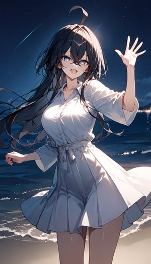 source_anime, nonoa miyamae, black hair, long hair, ahoge, hair intake, long bangs, night,over the sea,  waving, ,score_9, score_8_up, score_7_up, depth of field, natural light, light rays, raytracing, rating: explicit, 
