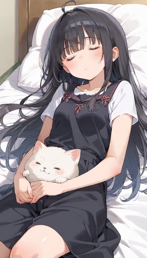 source_anime, nonoa miyamae,1girl,  black hair, long hair, ahoge, hair intake,sleeping, long bangs, 