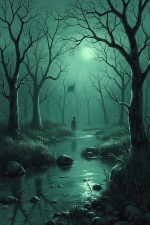 Here’s the prompt used to generate the image:

"A creepy scene in a dark swamp, captured in a cinematic style with a shallow depth of field. The swamp is filled with twisted, gnarled trees and thick fog that hovers above the murky water. Strange, dark shapes can be faintly seen in the background, suggesting hidden creatures. The scene is dimly lit with natural low light, evoking a sense of dread. There are reflections in the water, adding to the eerie atmosphere. The overall color palette is cold and muted, with desaturated greens and greys.",artlinesketch