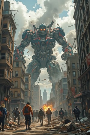 A cityscape in ruins, with crumbling buildings and debris-strewn streets. In the midst of chaos, a battle rages on between a heroic transformer and its evil counterpart. The air is thick with tension as humans flee in terror, seeking refuge from the metallic mayhem.