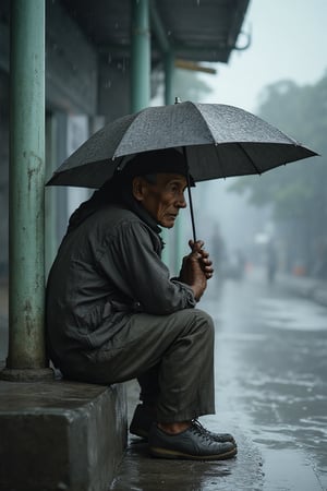 A grey sky looms above an old Malay man, huddled under a worn umbrella as he waits patiently at a bus stop, raindrops creating a rhythmic melody on the pavement. The old man's weathered face and worn clothing blend seamlessly into the drab urban landscape, while his eyes remain fixed on the distant horizon, anticipating the arrival of his bus.,softcolor