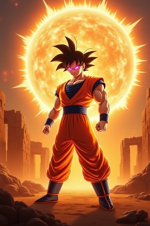 Kamehameha! Son Goku, arms glowing with Ki energy, stands victorious amidst a backdrop of ruins from his latest battle. The Kinto Un's iconic gi shines like a beacon as he poses confidently, one hand cradling the Dragon Radar, while the other hovers above, ready to unleash another powerful blast. A fiery orange glow illuminates the scene, casting long shadows across the dusty terrain.,Eye glowing pink