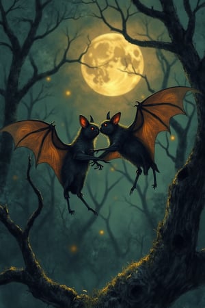 Close-up shot of two bats in mid-air combat, their leathery wings tangled as they wrestle and nip at each other's ears. Soft, golden light from a nearby moon casts an eerie glow on the dark, misty forest floor below, where twisted tree branches create a dramatic backdrop. The bats' eyes shine like tiny lanterns in the darkness.,artlinesketch