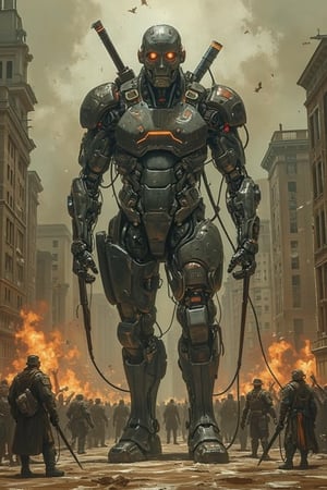 In an alternate 1920s, a brutal war rages between man and machine. Towering cyborgs, crafted from cold steel and advanced technology far beyond their time, storm the battlefield, their red eyes glowing in the smoky haze. Streets once filled with the bustle of life are now desolate, echoes of clashing metal and human screams filling the air. The human resistance, armed with crude weapons compared to their relentless enemies, fights with raw courage and desperation. Explosions tear through buildings as humanity’s last hope faces off against an army of machines with no mercy, no fear, and no end in sight. Amid the chaos, shattered monuments and burning cities stand as reminders of a world on the brink of total annihilation, where the future of mankind hangs by a thread.,mancyborg