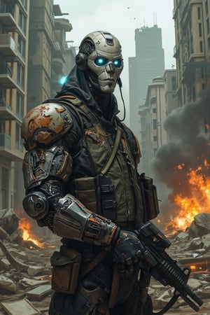 Close-up shot of a cyborg warrior's helmeted face, eyes glowing with blue LED lights as they peer through a damaged cityscape. In the background, explosions and gunfire erupt amidst crumbling buildings. The cyborg's metallic arm holds a smoking assault rifle, while their human-like body is protected by a battered suit of armor. Composition highlights the chaos around them.,mancyborg