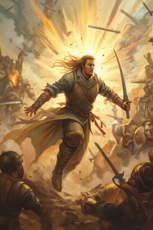 A warrior's fierce assault: a hero emerges from a misty dawn, his worn leather armor glistening in the soft light. He charges forward, sword at the ready, its blade glinting like a sun-kissed scimitar. The air is thick with tension as he unleashes a flurry of strikes, the sword slicing through the air, leaving a trail of sparks and steel shavings. The surrounding landscape transforms into a whirlwind of metal, with swords of all shapes and sizes swirling around him, their clashing sounds echoing through the misty veil.,bukukomik