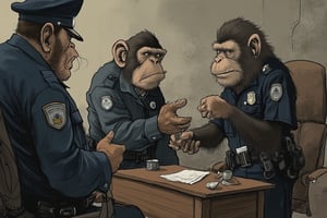 a comical scene, police cuff 3 monkeys.,komikA