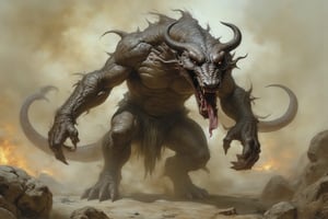 "A hyper-realistic, dark, and menacing creature stands in an aggressive, forward-leaning stance as if ready to lunge. Its muscular body is covered in rough, stone-like scales with a dark, earthy color palette of charcoal and hints of deep red. The creature’s mouth is wide open, revealing sharp, jagged teeth, and a long, snake-like tongue lashes outward. Its large, bulbous eyes glare menacingly, framed by twisted horns protruding from its head. Its hands and claws are extended forward, gripping the rocky ground, while its semi-coiled tail adds a sense of fluid movement and agility. The background is a desolate, rocky landscape shrouded in faint fog and low-lying clouds, with subtle flames and embers creating an ominous atmosphere. Dramatic lighting from above casts deep shadows across its form, highlighting its facial expression, claws, and muscular build, making it the focal point against a muted, eerie background.",Canvas Comey,softcolor