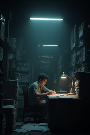 A dimly lit office scene at midnight, a worker (pekerja) sits intently focused on their task, surrounded by stacks of papers and scattered tar (tar) in the center of the room. The only sound is the soft scratching of their pen as they work under the faint glow of a desk lamp.,softcolor