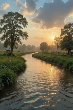 A scene showcasing the beauty of a calm river at sunset, with softly golden light illuminating the surrounding trees and flowers. The river is rippling with gentle waves, reflecting the colors of the sky. The scene is framed by a natural-looking tree that stands slightly higher than the waterline, casting a beautiful shadow over the water. The sky is painted with a mix of blue, orange, and pink, creating a dreamy and serene atmosphere. This image captures the tranquility of nature and the harmony between human and nature.,Rumah Kayu,peribadi,softcolor