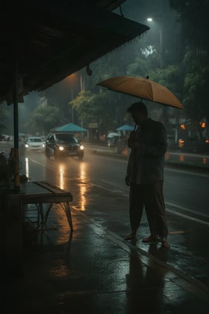 A Malay man stands patiently at a bus stop under the serenity of a rain-soaked night. He's dressed in casual attire, his umbrella held aloft as he gazes out into the misty darkness. The bus stop lights cast a warm glow on his features, illuminated by the soft patter of raindrops hitting the pavement.,softcolor,impian