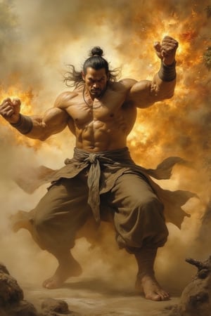 A powerful, muscular warrior, Badang, in dynamic motion, unleashing his Fist Crack ability, his fists glowing with intense energy, shockwaves erupting from his punches, scattering debris and creating cracks in the ground. The background shows a jungle clearing at dusk, mist swirling around him as his strength creates a vortex of power. His expression is focused and fierce, eyes glowing, embodying the mythical strength of a Southeast Asian warrior. Highly detailed, realistic anatomy, dramatic lighting, photorealistic textures, cinematic action shot.