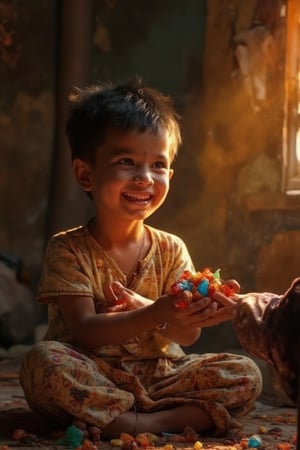 A warm, golden light illuminates a small, impoverished living room. A young boy's face lights up with joy as he holds out his hands to receive a handful of colorful candies from a kind stranger. The child's eyes sparkle with delight, and his toothy grin showcases the simple pleasure brought by the sweet treat.,ketenangan,impian