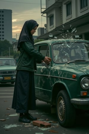 A young Malay woman in a hijab stands in the dim light of dusk, her face a storm of emotion. With trembling hands, she lifts a brick and slams it against the green car before her. The sound of shattering glass pierces the air as the windows crack and splinter. Again and again, she strikes, leaving deep dents and scratches across the once-pristine surface. The car, now battered and broken, reflects the chaos within her as pieces of glass glitter like shards of a shattered past, scattering across the pavement. The scene is raw, violent, and filled with an untold story of anger, grief, or betrayal.,mancyborg