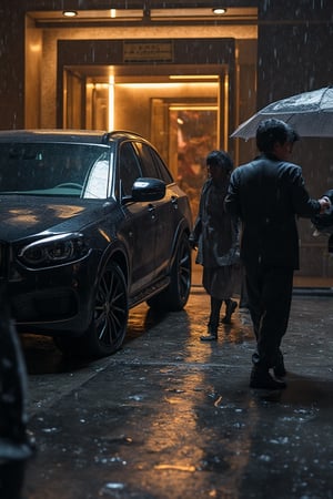 A stark contrast between luxury and hardship. A wealthy Malay family, dressed in fine attire, steps out of their sleek black SUV and into the opulent lobby of a five-star restaurant. They're greeted by the maître d' with a warm smile, as they make their way to their reserved table. Meanwhile, just outside, a poor family huddles under a small roof, seeking shelter from the rain that refuses to let up. The downpour creates a somber atmosphere, a poignant reminder of the vast disparity between these two families' lives.,softcolor