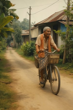 An elderly Malaysian man on a simple bicycle, pedaling through a quiet rural village at sunrise, in a painterly brushstroke style. He wears traditional clothing with a gentle smile, and his bike is slightly worn, reflecting years of use. The scene includes tropical plants, unpaved paths, and weathered houses in the background. The brushstrokes are loose, giving a soft and nostalgic feel with a warm color palette.,softcolor,impian