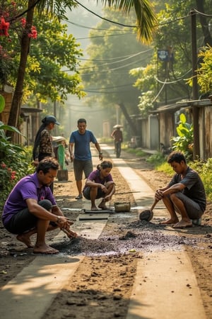 A group of Malay laborers work together to repair a worn-out road. Framed against the backdrop of lush greenery and vibrant tropical flowers, they busily mend cracks with tar and gravel, their sweat-drenched brows furrowed in concentration. Sunlight casts a warm glow on the scene, highlighting the dusty terrain and the workers' determined postures.,terpaling