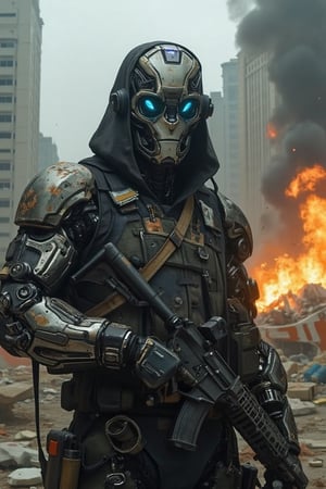 Close-up shot of a cyborg warrior's helmeted face, eyes glowing with blue LED lights as they peer through a damaged cityscape. In the background, explosions and gunfire erupt amidst crumbling buildings. The cyborg's metallic arm holds a smoking assault rifle, while their human-like body is protected by a battered suit of armor. Composition highlights the chaos around them.,mancyborg