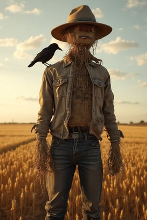 In the heart of a sprawling, golden wheat field, a decrepit scarecrow stands tall, its tattered form a testament to time's ravages. Faded flannel shirt hangs loosely over ripped jeans, held together by frayed threads, while a weathered straw hat tilts precariously atop the scarecrow's head. A burlap sack serves as a face, stitched eyes glinting menacingly beneath a wide, unsettling smile. As the late afternoon sun dips below the horizon, its warm glow casts long shadows across the field, where a few crows silhouette themselves against the sky. Meanwhile, one bold crow perches confidently on the scarecrow's shoulder, as if claiming dominion over this desolate yet strangely captivating landscape,project1