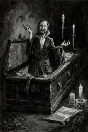 A darkened chamber, lit only by flickering candles, reveals a ornate wooden coffin slowly opening its lid. As the lid creaks upwards, a pale-skinned vampire emerges, their eyes glowing with an otherworldly light. They stretch out long fingers, cracking knuckles as they rise from the coffin, shrouded in darkness.,artlinesketch,project1