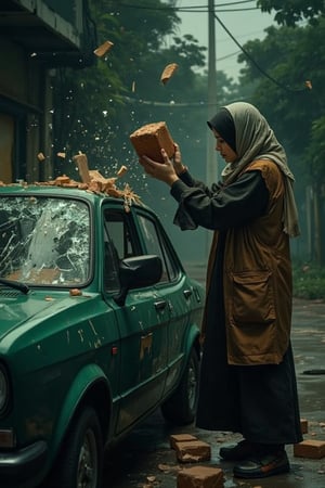 A young Malay woman in a hijab stands in the dim light of dusk, her face a storm of emotion. With trembling hands, she lifts a brick and slams it against the green car before her. The sound of shattering glass pierces the air as the windows crack and splinter. Again and again, she strikes, leaving deep dents and scratches across the once-pristine surface. The car, now battered and broken, reflects the chaos within her as pieces of glass glitter like shards of a shattered past, scattering across the pavement. The scene is raw, violent, and filled with an untold story of anger, grief, or betrayal.,mancyborg