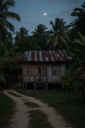 A worn wooden Malay house stands sentinel amidst a lush jungle backdrop at dusk, its weathered walls absorbing the fading sunlight as vines and creepers wrap around its crumbling facade. A meandering dirt path winds beside the structure, lined with verdant foliage that thrives in the shadows of the ancient building. The atmosphere is heavy with quiet neglect and serene overgrowth, illuminated only by the soft glow of a full moon rising high in the night sky.,peribadi,impian