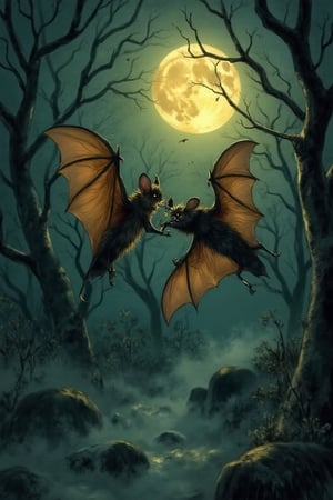 Close-up shot of two bats in mid-air combat, their leathery wings tangled as they wrestle and nip at each other's ears. Soft, golden light from a nearby moon casts an eerie glow on the dark, misty forest floor below, where twisted tree branches create a dramatic backdrop. The bats' eyes shine like tiny lanterns in the darkness.,artlinesketch