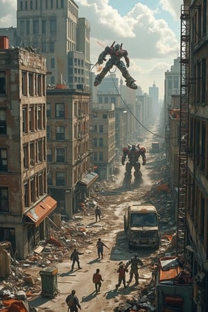 A cityscape in ruins, with crumbling buildings and debris-strewn streets. In the midst of chaos, a battle rages on between a heroic transformer and its evil counterpart. The air is thick with tension as humans flee in terror, seeking refuge from the metallic mayhem.