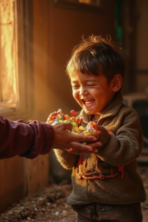 A warm, golden light illuminates a small, impoverished living room. A young boy's face lights up with joy as he holds out his hands to receive a handful of colorful candies from a kind stranger. The child's eyes sparkle with delight, and his toothy grin showcases the simple pleasure brought by the sweet treat.,ketenangan,kungfuart