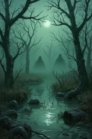 Here’s the prompt used to generate the image:

"A creepy scene in a dark swamp, captured in a cinematic style with a shallow depth of field. The swamp is filled with twisted, gnarled trees and thick fog that hovers above the murky water. Strange, dark shapes can be faintly seen in the background, suggesting hidden creatures. The scene is dimly lit with natural low light, evoking a sense of dread. There are reflections in the water, adding to the eerie atmosphere. The overall color palette is cold and muted, with desaturated greens and greys.",artlinesketch