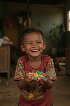 A warm, golden light illuminates a small, impoverished living room. A young boy's face lights up with joy as he holds out his hands to receive a handful of colorful candies from a kind stranger. The child's eyes sparkle with delight, and his toothy grin showcases the simple pleasure brought by the sweet treat.,ketenangan,impian