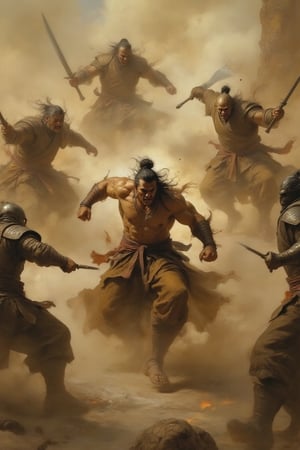 "Badang, the legendary hero with a muscular build and fierce determination, engaging in a fierce battle with five enemies. Each enemy has unique weapons and armor, encircling him in an ancient, mist-filled battlefield at dusk. Dramatic lighting highlights Badang's powerful stance and intense expression, muscles taut as he prepares to strike. Motion blur captures the movement of the enemies as they close in, each in different combat poses, with sparks and dust flying. Cinematic, highly detailed, with realistic textures and dynamic shadows."