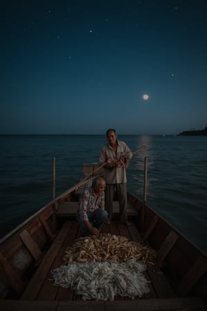 A Malay fisherman casting sotongs on the deck of a boat under the starry night sky, surrounded by the vast expanse of the ocean. The dim moonlight casts an eerie glow on his weathered face and worn clothes, as he meticulously separates the catch from the sea.,peribadi,impian