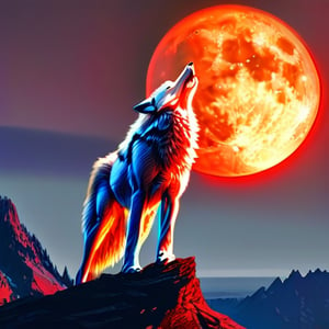 A pure white werewolf looking up at a bright red eclipse moon, while standing on a clip on top of a mountain range, sfw, very hyperdetailed, 