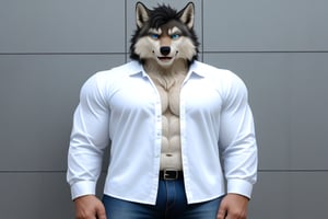 (masterpiece), best quality, solo, wolf, furry, expressive piersing blue eyes, perfect face, white wolf, anthropomorphic,very athletic build, open white shirt, black denim, sharp ears and fluffy grey tail, nice furry  white short  protagonist hair , fullbody, standing in a lush green forest, looking at viewer, hyperdetailed, 8k, sfw, cinematic 