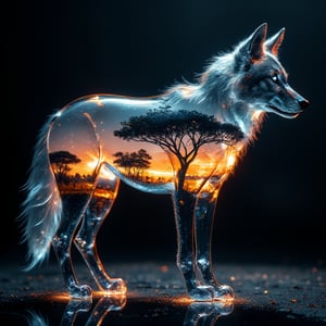 The transparent-bodied wolf reveals a detailed landscape of the African savanna within. The savanna should be photographed in transition from day to night, with one side showing a sunlit scene with acacia trees, vibrant green grass, and a clear blue sky. The other side should transition to an evening scene featuring orange shades of the sunset sky and silhouettes of trees against a glowing horizon and the first stars appearing. The wolf stands on a reflective surface that reflects its form and the surrounding landscape. Its skin should have a glass-like texture that catches and bends light from its surroundings, highlighting the edges and curves of its body. The overall atmosphere is one of surreal tranquility as nature blends seamlessly with this majestic creature.