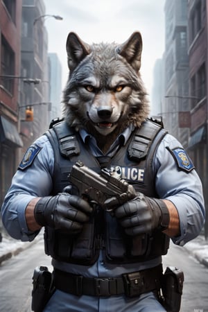 
policeman with wolf face, police uniform, vest, tactical gloves, image background of a city, medium shot, medium view,mw,Muscle, hairy fur, gray fur, gray fur, rage,dual pistols