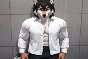 (masterpiece), best quality, solo, wolf, furry, expressive piersing blue eyes, perfect face, white wolf, anthropomorphic,very athletic build, open white shirt, black denim, sharp ears and fluffy grey tail, nice furry  white short  protagonist hair , fullbody, standing in a lush green forest, looking at viewer, hyperdetailed, 8k, sfw, cinematic 