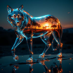 The transparent-bodied wolf reveals a detailed landscape of the African savanna within. The savanna should be photographed in transition from day to night, with one side showing a sunlit scene with acacia trees, vibrant green grass, and a clear blue sky. The other side should transition to an evening scene featuring orange shades of the sunset sky and silhouettes of trees against a glowing horizon and the first stars appearing. The wolf stands on a reflective surface that reflects its form and the surrounding landscape. Its skin should have a glass-like texture that catches and bends light from its surroundings, highlighting the edges and curves of its body. The overall atmosphere is one of surreal tranquility as nature blends seamlessly with this majestic creature.