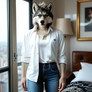 (masterpiece), best quality, solo, wolf, furry, expressive piersing blue eyes, perfect face, white wolf, anthropomorphic, athletic build, open white shirt, black denim, sharp ears and fluffy grey tail, nice furry  white short  protagonist hair , fullbody,  looking at viewer, hyperdetailed, 8k, sfw, cinematic 