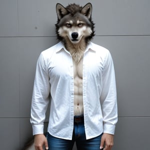 (masterpiece), best quality, solo, wolf, furry, expressive piersing blue eyes, perfect face, white wolf, anthropomorphic, athletic build, open white shirt, black denim, sharp ears and fluffy grey tail, nice furry  white short  protagonist hair , fullbody,  looking at viewer, hyperdetailed, 8k, sfw, cinematic 