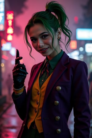 Art of a joker Joker's twisted grin wearing her ((makeup face:1.3)),  ((her suit)), ((black skrit)), blavk glove, ((red smoke)), her ((green ponnytail bun hairstyle:1.5)), sexy pose, dark night, ((neon light city)), cyberpunk realistic city background 