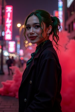 Art of a joker Joker's twisted grin wearing her ((makeup face:1.3)),  her suit, black skrit, red smoke ,her ((green ponnytail bun hairstyle:1.3)), sexy pose, dark night, ((neon light city)), cyberpunk realistic city background 