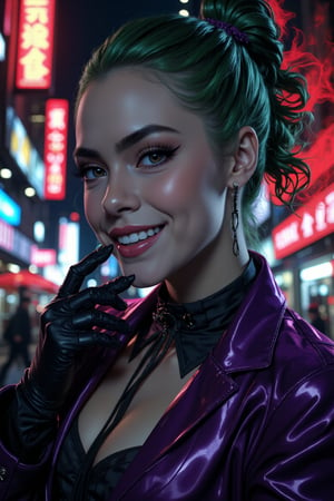 Art of a joker Joker's twisted grin wearing her ((makeup face:1.4)), purple ((her suit)), black glove, ((red smoke)), her ((green ponnytail bun hairstyle:1.3)), sexy pose, dark night, ((neon light city)), cyberpunk realistic city background 