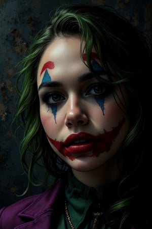 A woman detailed illustration, illustration by Serpieri, best quality, masterpiece, portrait of The Joker (Batman, Heath Ledger), dramatic lighting, chiascuro, light hitting one side of the face, High Definition HD, High Detail, Perfect Composition, mythp0rt