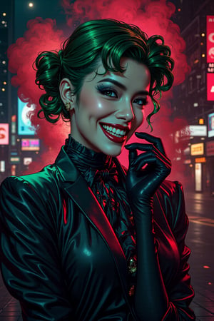 Art of a joker Joker's twisted grin wearing her ((makeup face:1.3)),  ((her suit)), ((black skrit)), black glove, ((red smoke)), her ((green ponnytail bun hairstyle:1.5)), sexy pose, dark night, ((neon light city)), cyberpunk realistic city background 